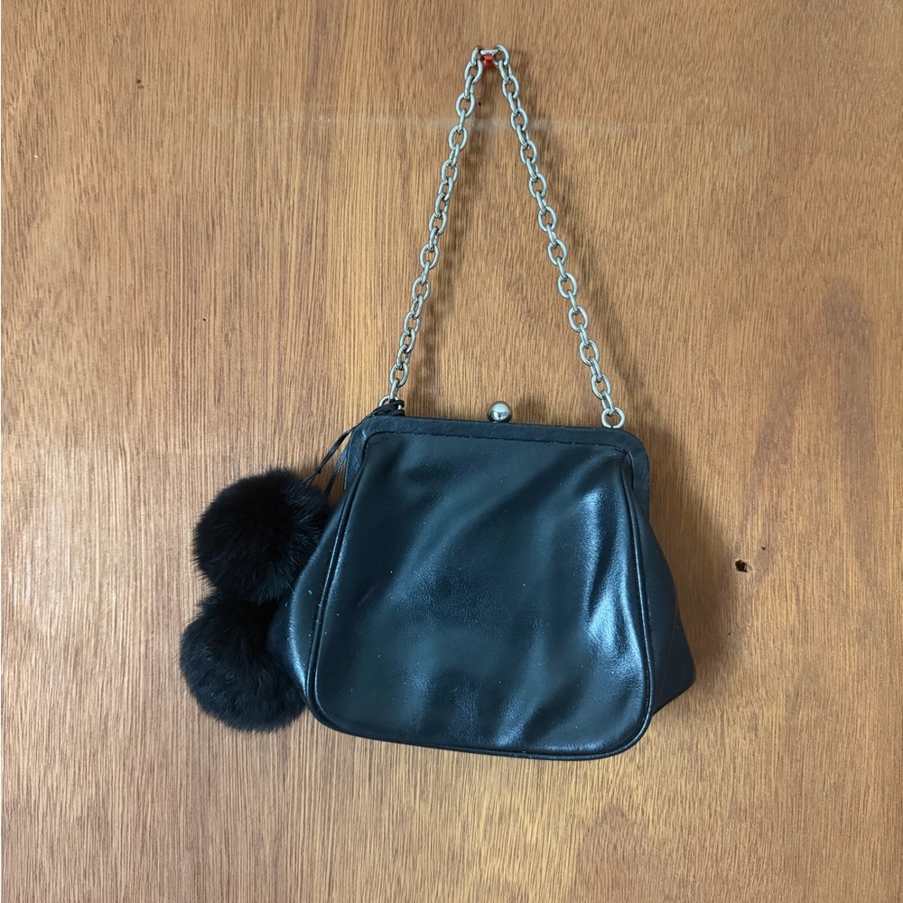 Kate Landry Black Mini Leather Bag W/pom Pom attachment